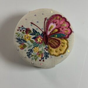 Hand Embroidered Butterfly Jewelry Box Beaded Trinket Case